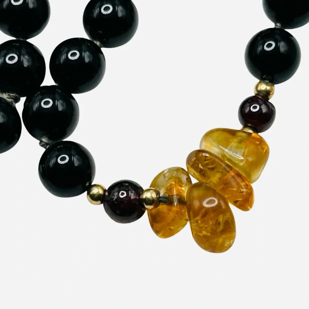 Vintage Black Onyx Citrine Garnet and 14K Gold Bead Long Necklace